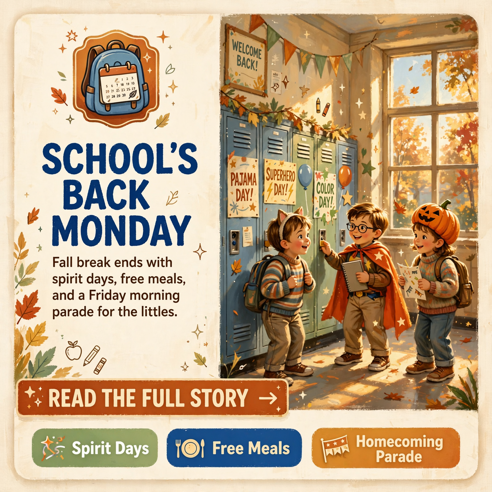 Featured image for "🎒 Back Monday After Fall Break — Spirit Days, Free Lunch Week, Friday Parade and Board Night"