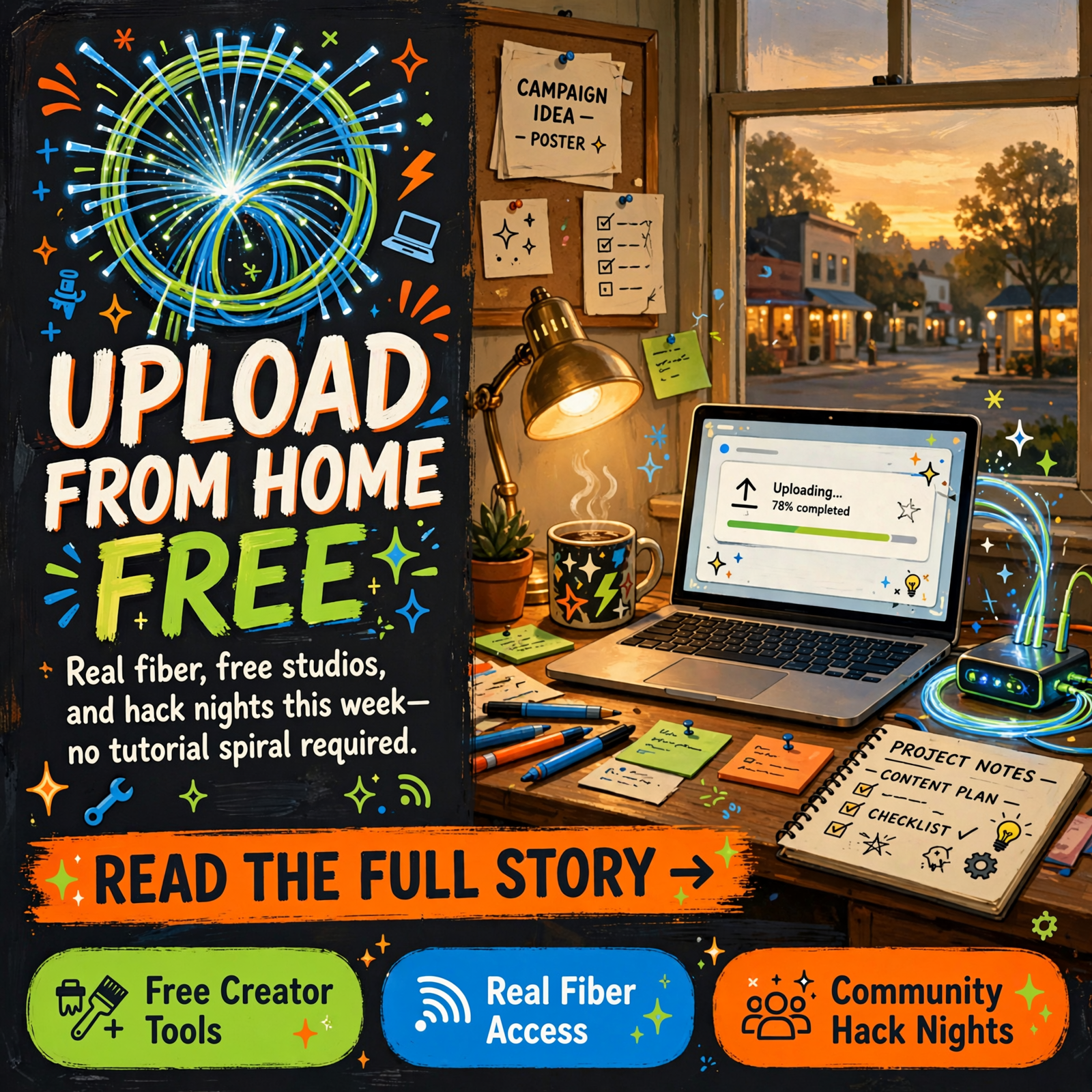 Featured image for "📡 Fiber Uploads From Home, Free 4th Floor Studio Gear and Two Hack Nights"