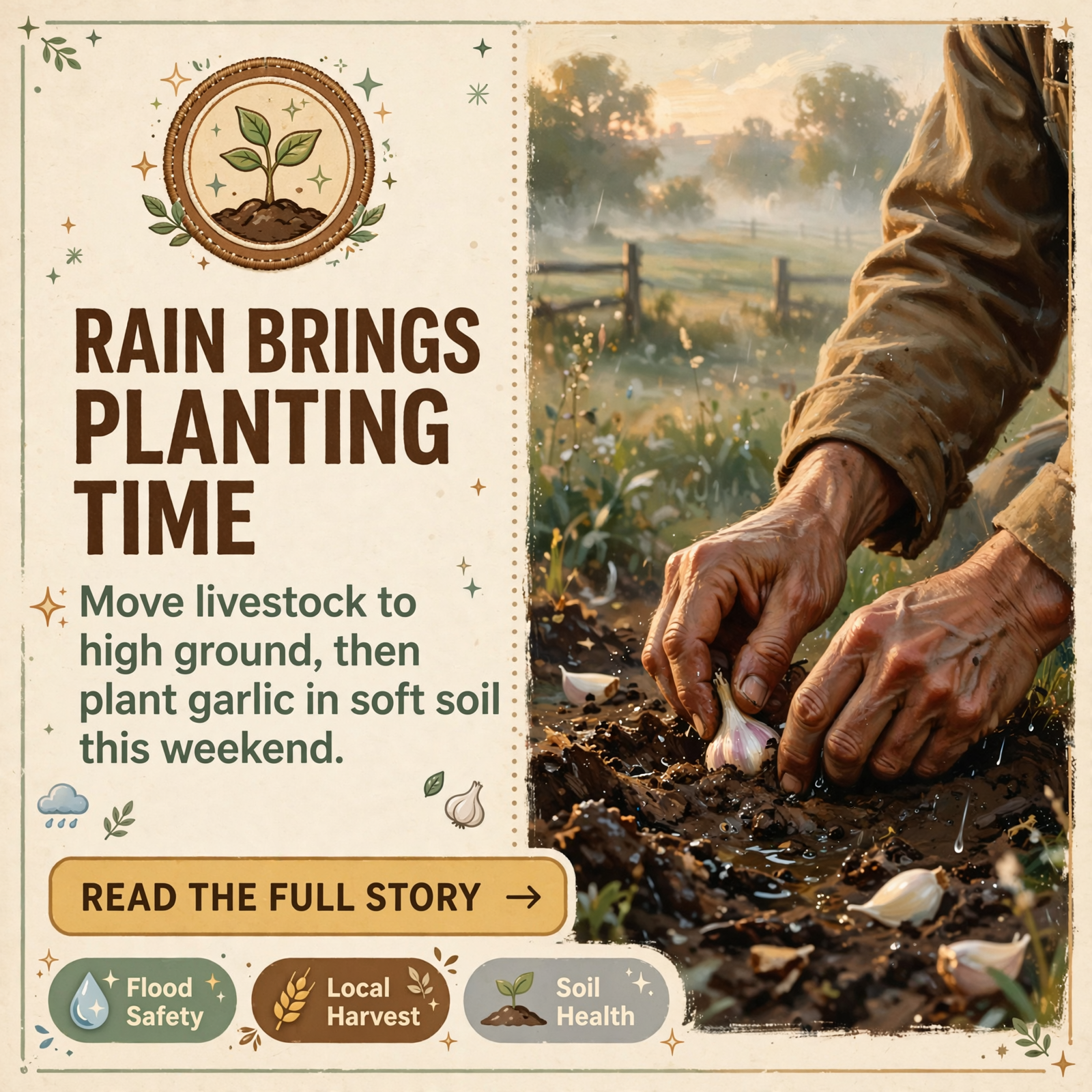 Featured image for "🌾 A Flood Watch for the Bottomland, Garlic in the Ground and Local Greens at the Door: Your Farm & Garden Report"